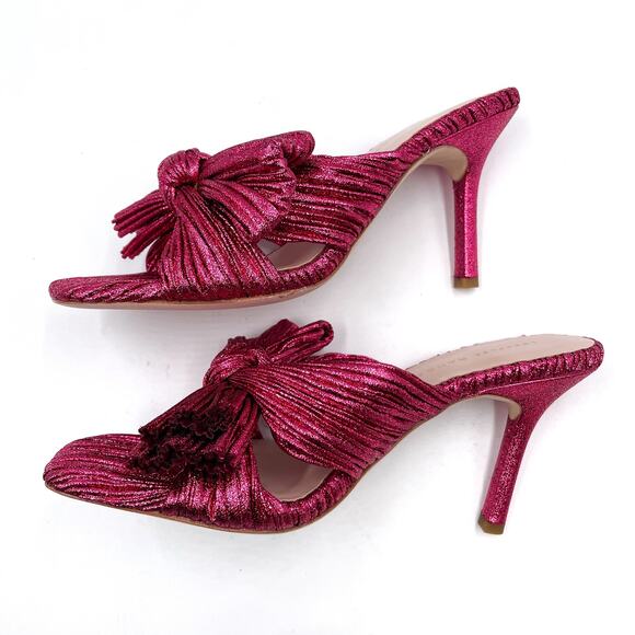 Loeffler Randall Claudia Mules Pleated Fuchsia Metallic Heels Bow Sandals Sz 7.5 - Picture 9 of 13